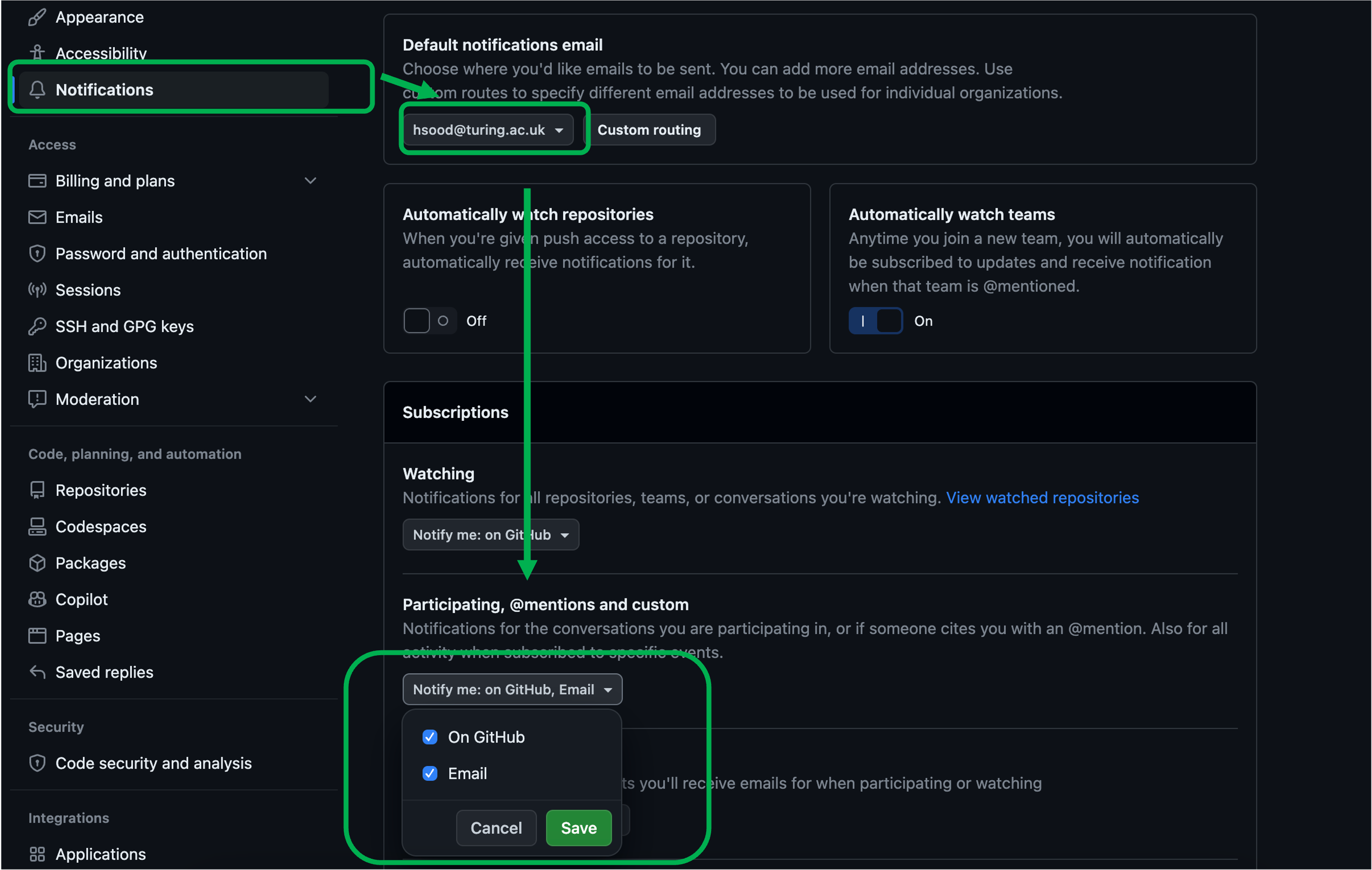 GitHub notification settings